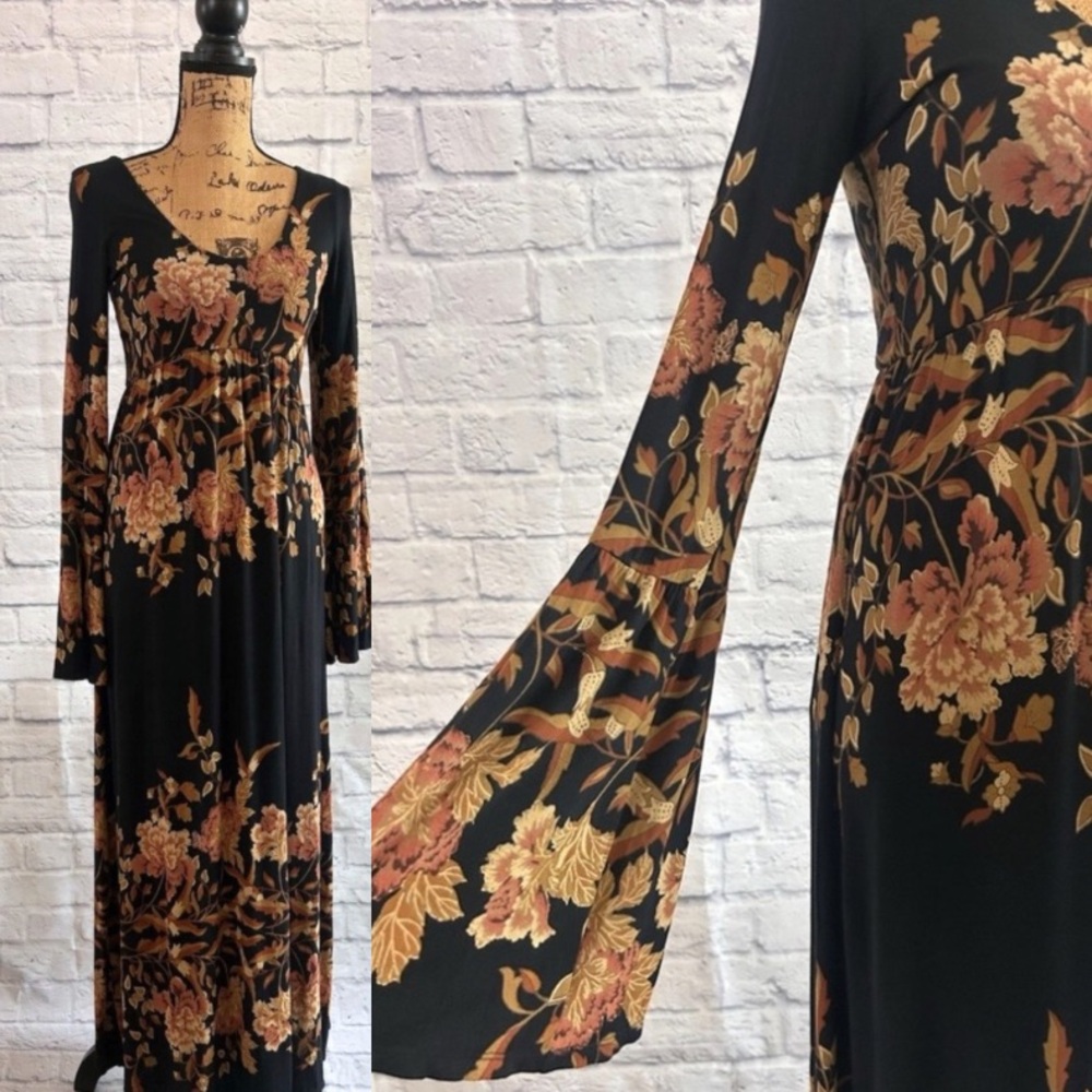Free People Black Maxi Dress with Gold and Rust Floral Motif